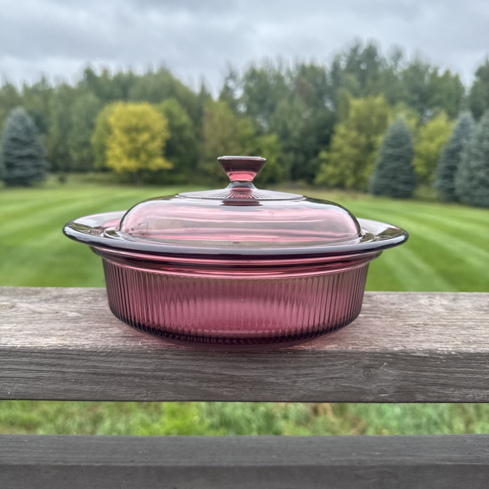 Visions Cranberry V-31-B Ribbed 1 Quart Casserole Dish w/PYREX V-1.5-C USA Vtg